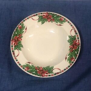 Christmas Holiday Pasta Bowl Holly Berries Ribbon Trim‎ Dinnerware Serving